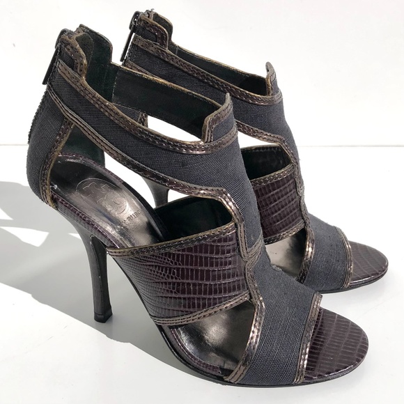 Tory Burch Geoff heel size 6M cage sandal zip linen & snakeskin embossed leather - Picture 6 of 14